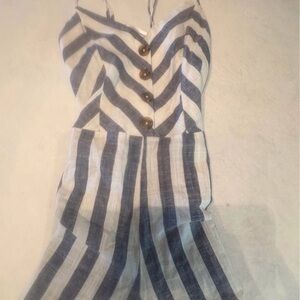 Kensie Navy and White Striped Linen Jumpsuit